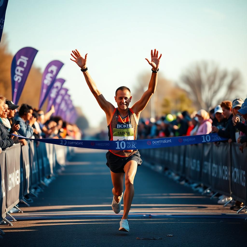 Corredor cruzando la línea de meta de una carrera 10K con los brazos en alto
