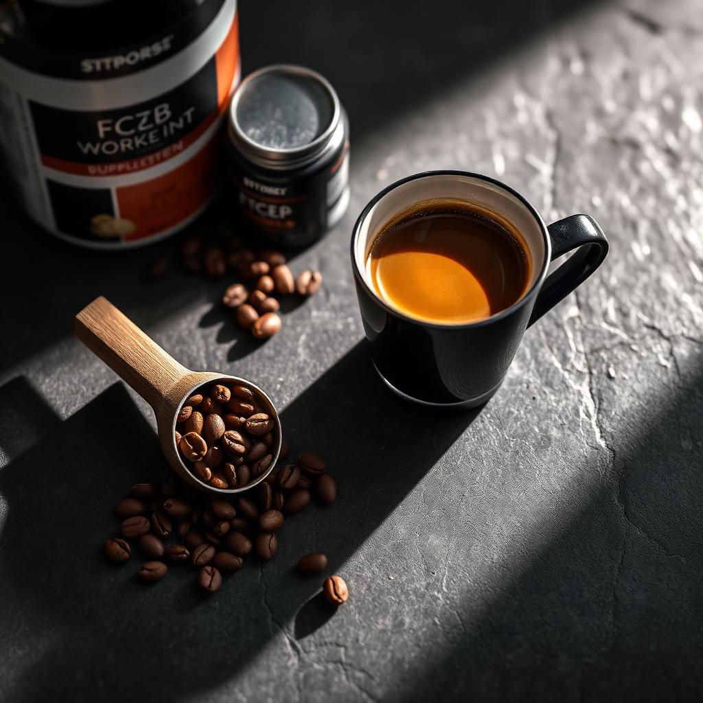 Taza de espresso junto a un cazo con café molido y bote de suplemento