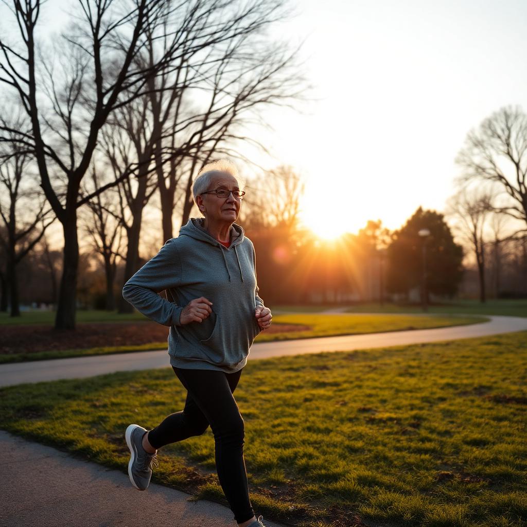 Persona adulta trotando en un parque al amanecer