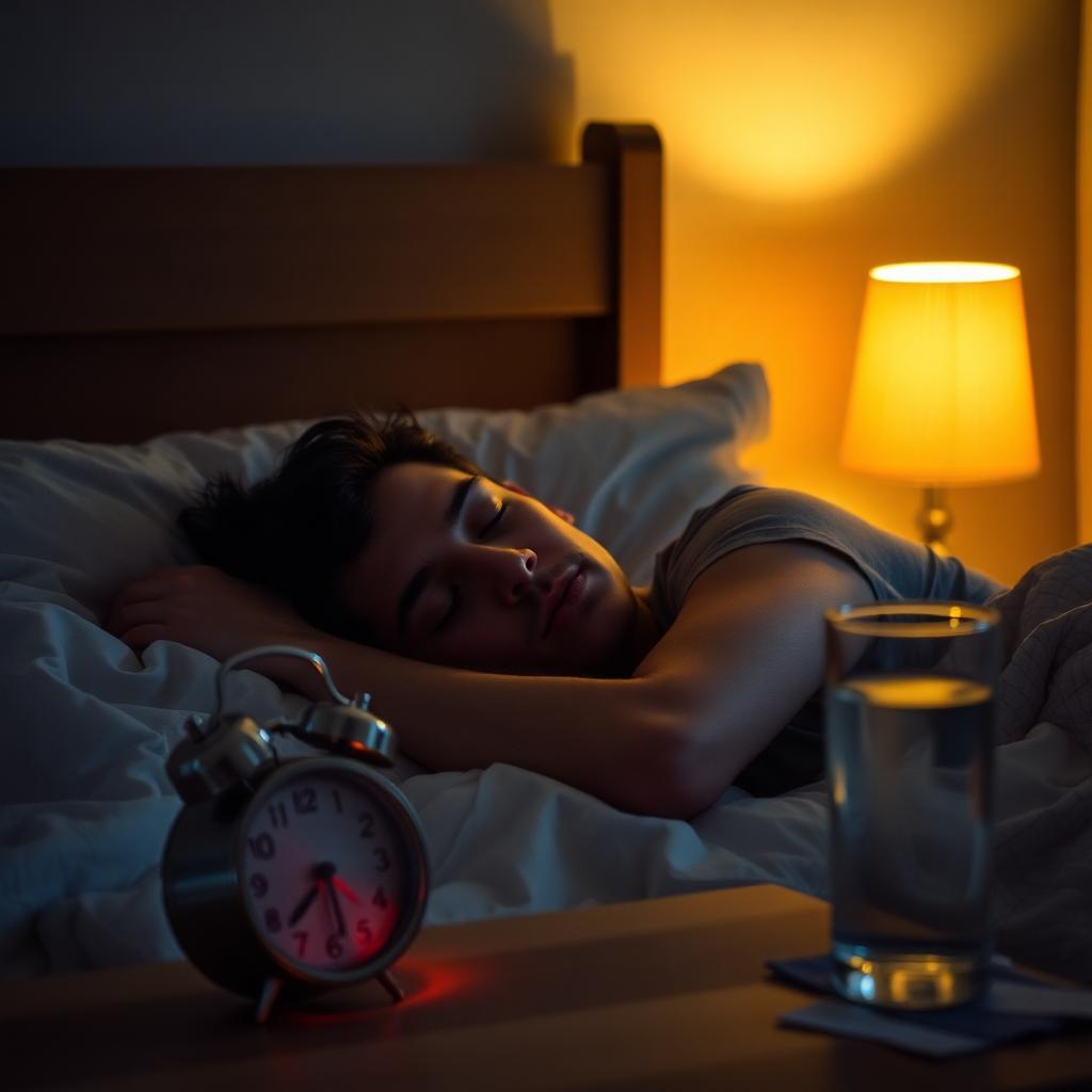 Persona durmiendo tranquilamente en un dormitorio con luz ambiente cálida