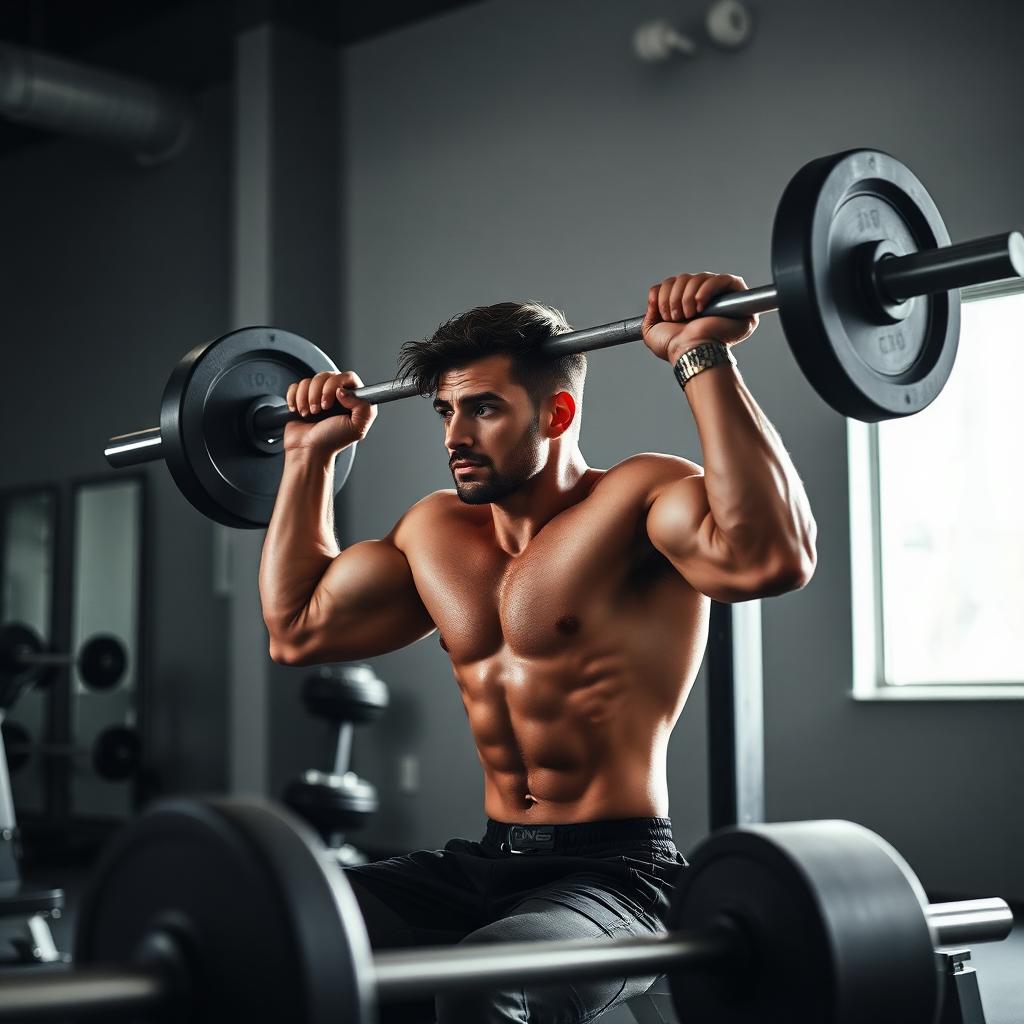 Hombre entrenando con barra en un gimnasio moderno con iluminación dramática