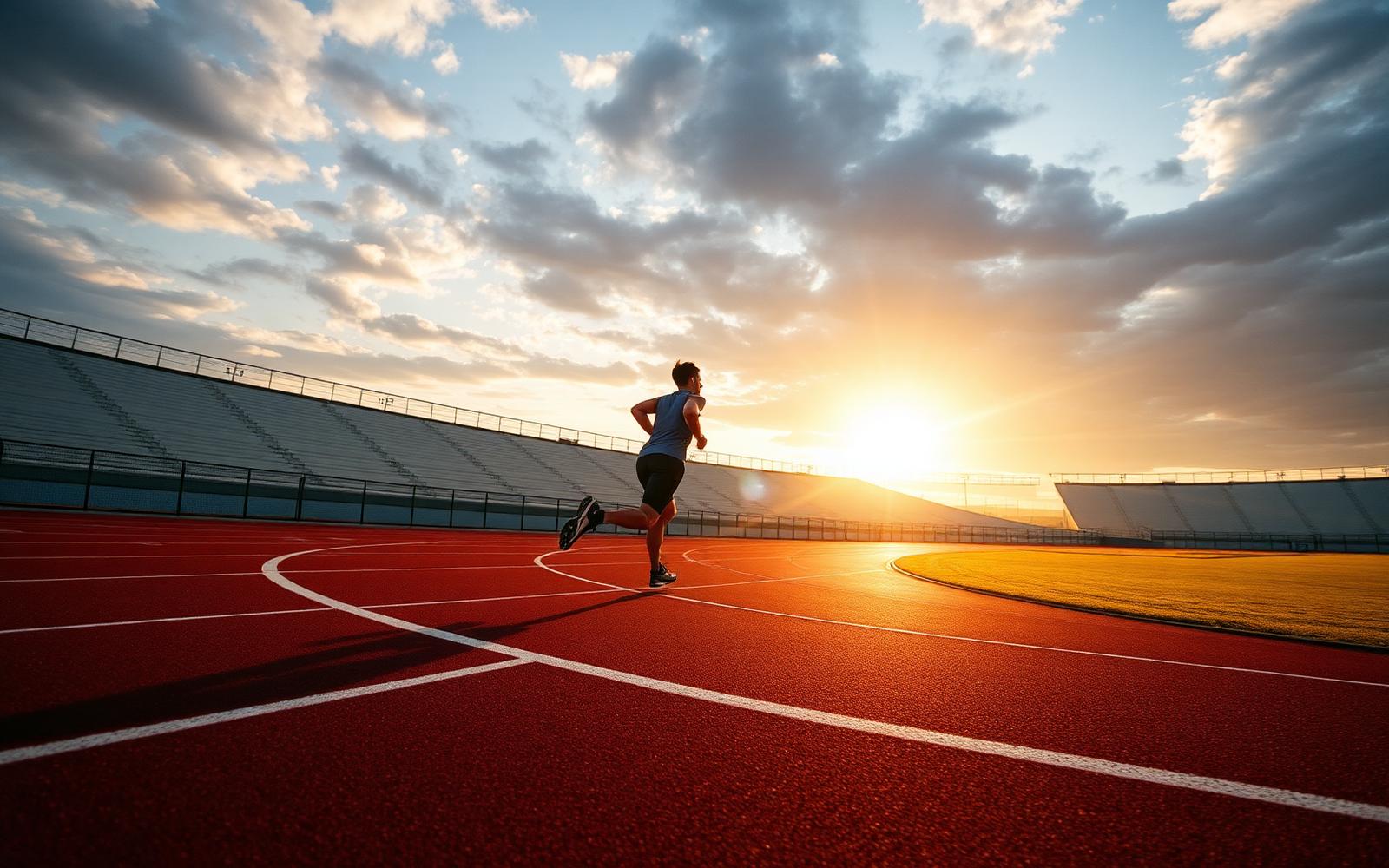 Corredor al amanecer sobre una pista de atletismo