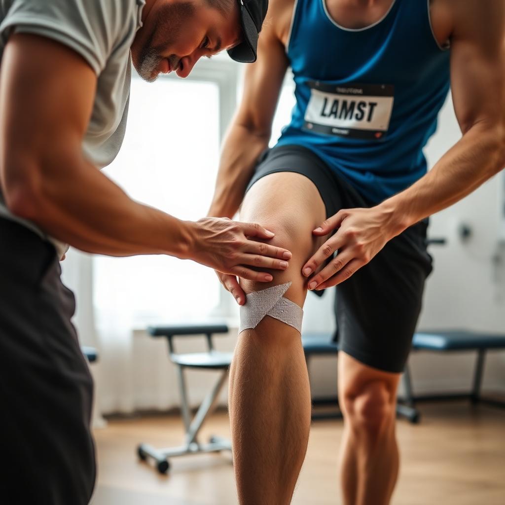 Fisioterapeuta vendando la rodilla de un corredor en clínica