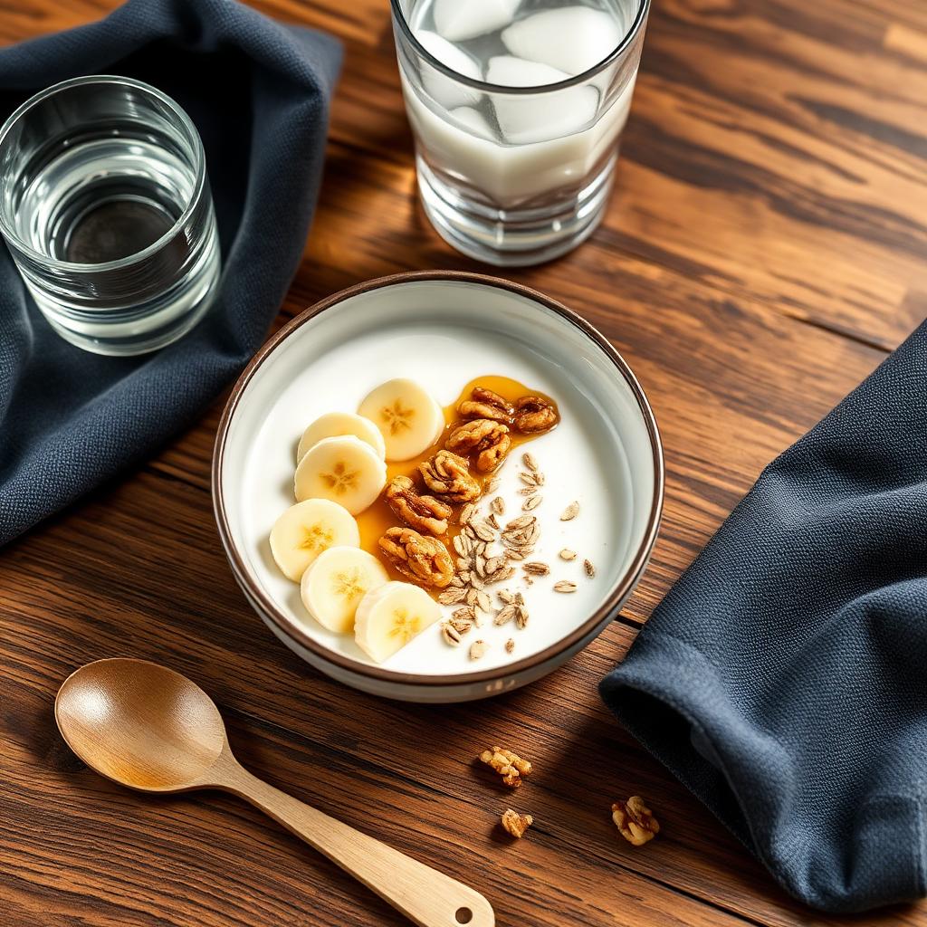 Bol de yogur con avena, plátano y nueces junto a un vaso de agua