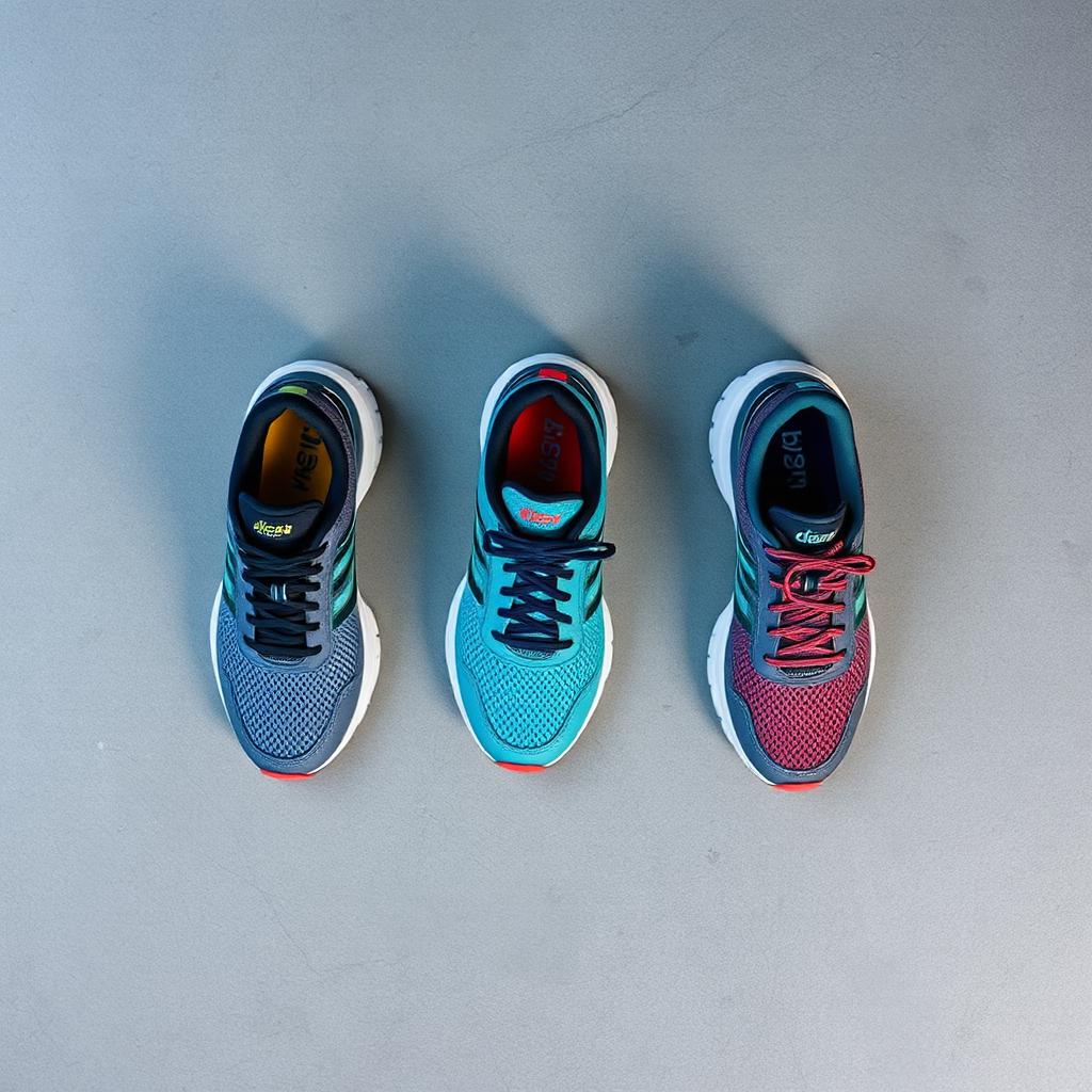 Tres modelos de zapatillas de running vistos desde arriba sobre suelo gris