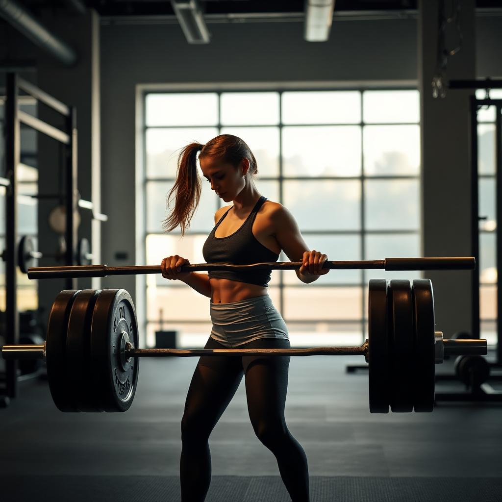 Mujer levantando peso muerto con barra en un gimnasio moderno
