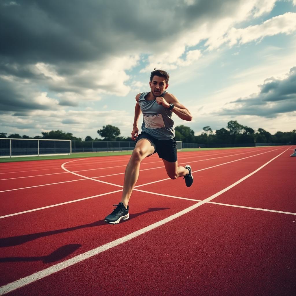 Corredor esprintando a máxima intensidad en una pista de atletismo